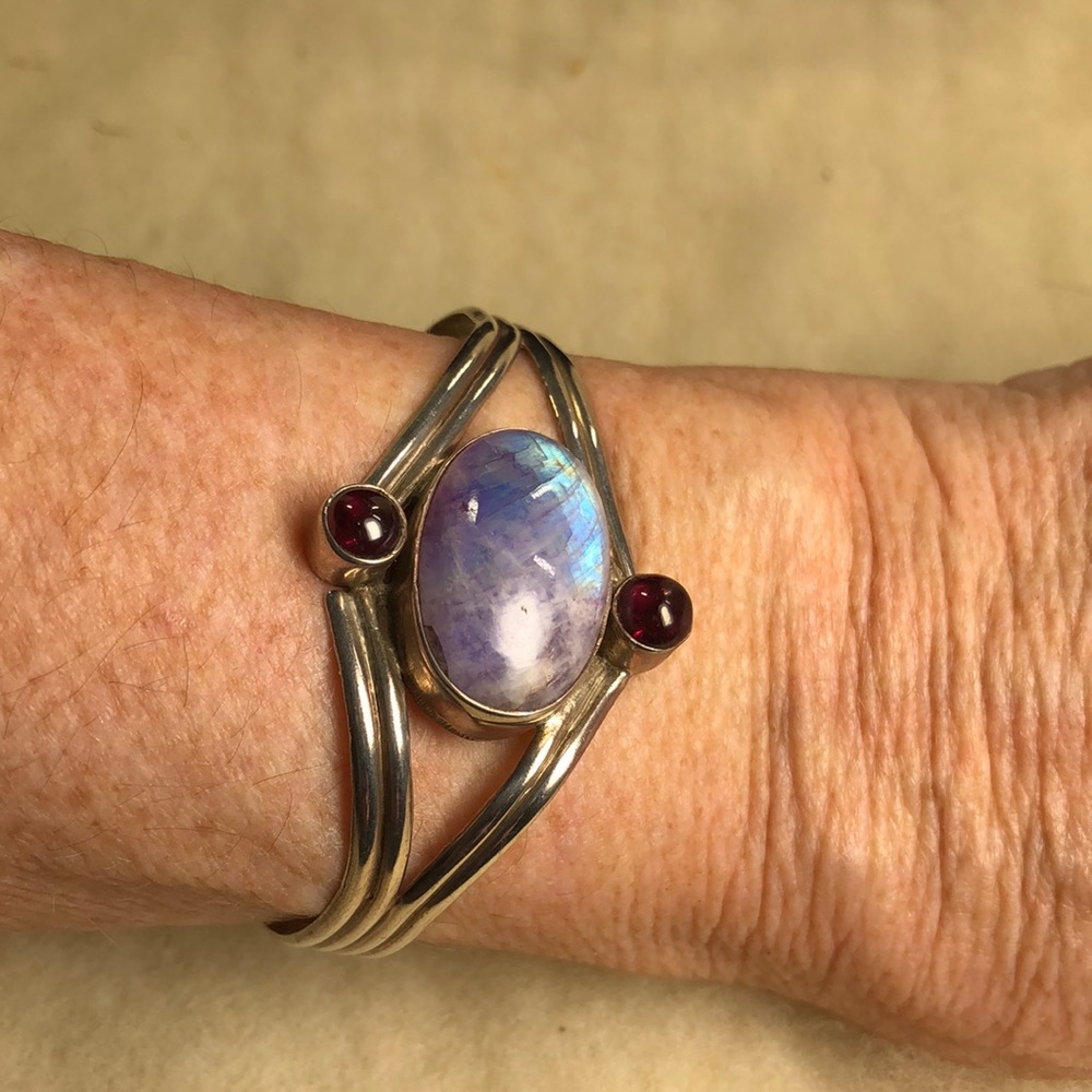 Labradorite, garnet sterling bracket